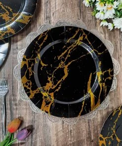 HIER_4710 10 Pack | Marble Disposable 13" Charger Plates, Cardboard Serving Tray, Round With Leathery Texture - Black/Gold - 1100 GSM Disposable Dinnerware