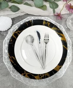 HIER_4710 10 Pack | Marble Disposable 13" Charger Plates, Cardboard Serving Tray, Round With Leathery Texture - Black/Gold - 1100 GSM Disposable Dinnerware