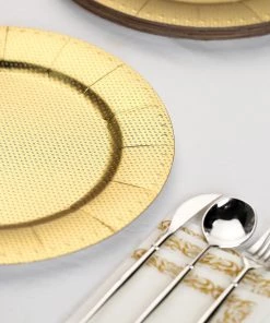 HIER_4710 10 Pack | Gold Disposable 13" Charger Plates, Cardboard Serving Tray, Round With Glitter Texture Dotted Rims - 1100 GSM Disposable Dinnerware