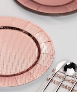 Tableclothsfactory.com Disposable Dinnerware 10 Pack | Rose Gold Disposable 13" Charger Plates, Cardboard Serving Tray, Round With Glitter Texture Dotted Rims - 1100 GSM