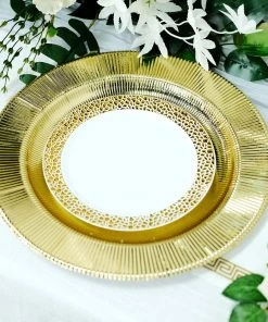 HIER_4710 Eco-Friendly Natural Tableware 25 Pack | Sunray Metallic Gold 13" Disposable Charger Plates, Cardboard Serving Tray, Round - 350 GSM