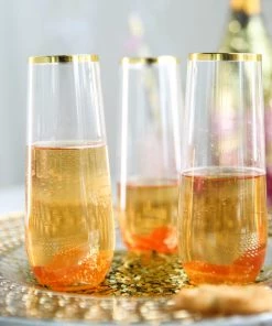 HIER_5430 Disposable Dinnerware 6 Pack | Gold 9oz Plastic Stemless Champagne Flutes Disposable Glasses For Champagne