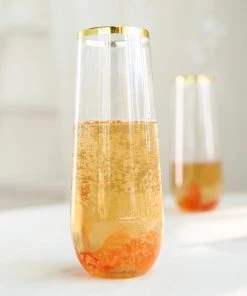 HIER_5430 Disposable Dinnerware 6 Pack | Gold 9oz Plastic Stemless Champagne Flutes Disposable Glasses For Champagne