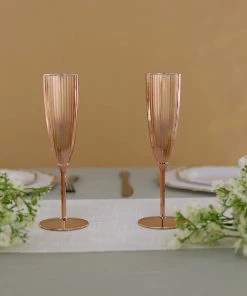 HIER_5430 6 Pack | Blush/Rose Gold 5oz Plastic Champagne Flutes Disposable Glasses For Champagne