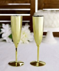 HIER_5430 6 Pack | Metallic Gold 5oz Plastic Champagne Flutes Disposable Glasses For Champagne