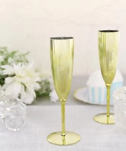 HIER_5430 6 Pack | Metallic Gold 5oz Plastic Champagne Flutes Disposable Glasses For Champagne