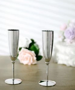 HIER_5430 6 Pack | Silver 5oz Plastic Champagne Flutes, Disposable Glasses For Champagne