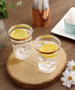 HIER_5430 Disposable Dinnerware 12 Pack | 10oz Rose Gold Rim Clear Plastic Party Cups, Disposable Tumblers