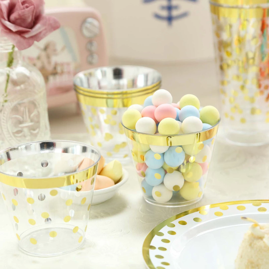 HIER_5430 12 Pack | Gold Rim Polka Dot 9oz Plastic Cups, Disposable Tumblers Disposable Dinnerware 7 HIER_5430 12 Pack | Gold Rim Polka Dot 9oz Plastic Cups, Disposable Tumblers Disposable Dinnerware