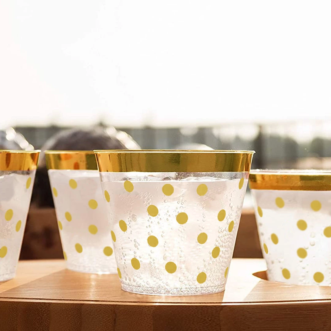 HIER_5430 12 Pack | Gold Rim Polka Dot 9oz Plastic Cups, Disposable Tumblers Disposable Dinnerware 1 HIER_5430 12 Pack | Gold Rim Polka Dot 9oz Plastic Cups, Disposable Tumblers Disposable Dinnerware