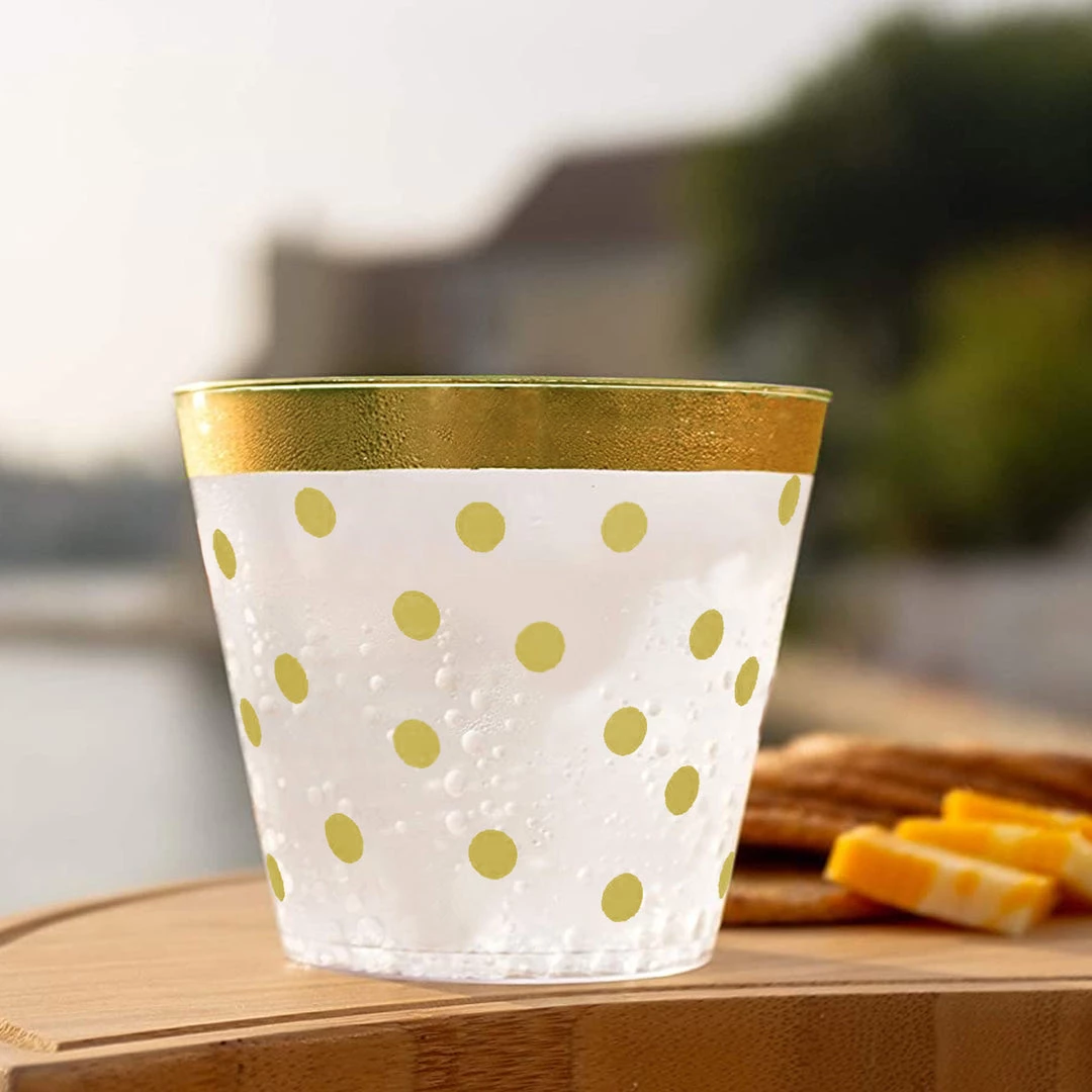 HIER_5430 12 Pack | Gold Rim Polka Dot 9oz Plastic Cups, Disposable Tumblers Disposable Dinnerware 10 HIER_5430 12 Pack | Gold Rim Polka Dot 9oz Plastic Cups, Disposable Tumblers Disposable Dinnerware