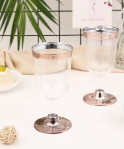 HIER_5430 12 Pack | Clear 6oz Rose Gold Rim Plastic Wine Glasses Disposable Cups With Detachable Base