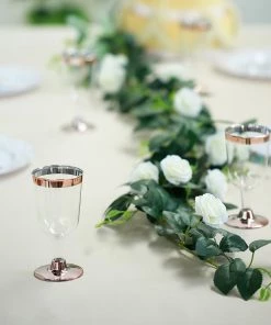 HIER_5430 12 Pack | Clear 6oz Rose Gold Rim Plastic Wine Glasses Disposable Cups With Detachable Base