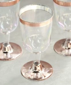HIER_5430 12 Pack | Clear 6oz Rose Gold Rim Plastic Wine Glasses Disposable Cups With Detachable Base
