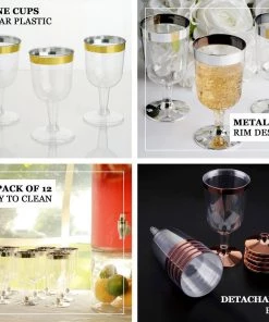 HIER_5430 12 Pack | Clear 6oz Rose Gold Rim Plastic Wine Glasses Disposable Cups With Detachable Base