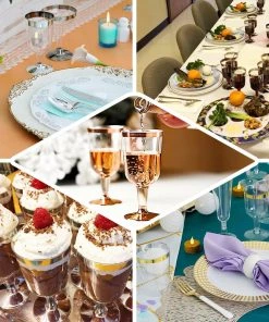 HIER_5430 12 Pack | Clear 6oz Rose Gold Rim Plastic Wine Glasses Disposable Cups With Detachable Base