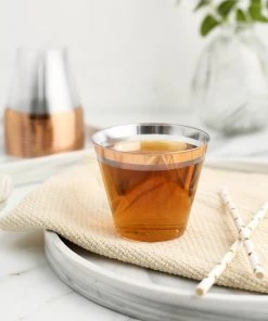 HIER_5430 12 Pack | Clear 10oz Rose Gold Rim Plastic Party Cups, Disposable Tumblers