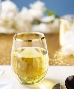 HIER_5430 12 Pack | Clear 14oz Gold Rim Plastic Stemless Wine Glasses, Disposable Wine Tumbler