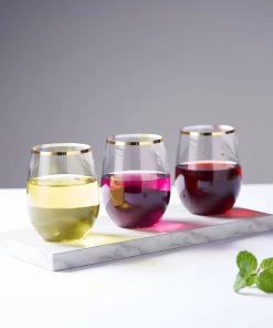 HIER_5430 12 Pack | Clear 14oz Gold Rim Plastic Stemless Wine Glasses, Disposable Wine Tumbler