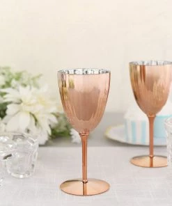 HIER_5430 6 Pack | Blush/Rose Gold 8oz Plastic Wine Glasses, Disposable Goblets Disposable Dinnerware