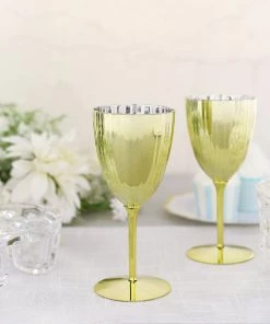 HIER_5430 6 Pack | Gold 8oz Plastic Wine Glasses, Disposable Wine Goblets