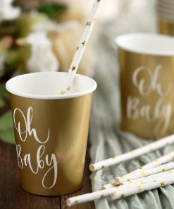 HIER_5430 24 Pack | Oh Baby Gold 9oz Paper Cups, Disposable Cups For Baby Shower