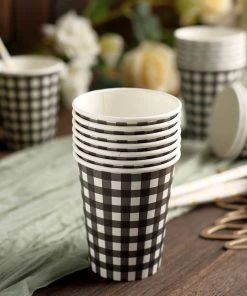 HIER_5430 24 Pack | Black/White Checkered 9oz Paper Cups, Disposable Cups For Picnic, Birthday Party & All Purpose Use - Gingham Design