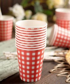 HIER_5430 24 Pack | Red/White Checkered 9oz Paper Cups, Disposable Cups For Picnic, Birthday Party & All Purpose Use - Gingham Design