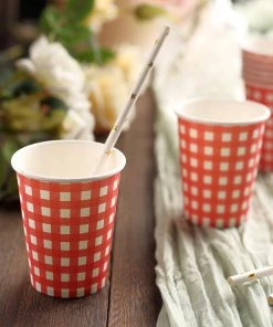 HIER_5430 24 Pack | Red/White Checkered 9oz Paper Cups, Disposable Cups For Picnic, Birthday Party & All Purpose Use - Gingham Design