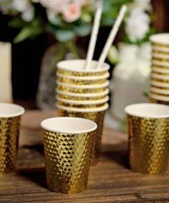 HIER_5430 Disposable Dinnerware 24 Pack | Gold Foil Honeycomb 9oz Paper Cups, Disposable Tableware