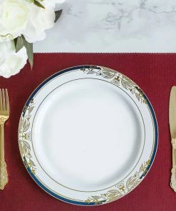 HIER_5441 Disposable Dinnerware 10 Pack | White With Royal Blue Rim 10" Plastic Dinner Plates, Round With Gold Vine Design