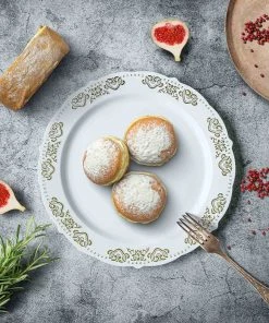 HIER_5441 Disposable Dinnerware 10 Pack | Gold Embossed 10" Plastic Dinner Plates, Round White/Gold With Scalloped Edges