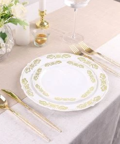 HIER_5441 10 Pack | Gold Embossed 7.5" Plastic Appetizer Salad Plates, Round White/Gold With Scalloped Edges