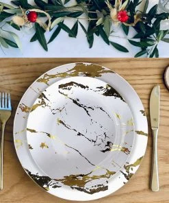 HIER_5441 10 Pack | Gold & White Marble Design 8" Plastic Appetizer Salad Plates