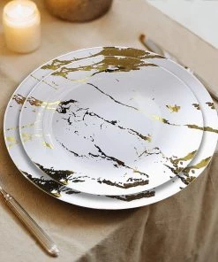 HIER_5441 10 Pack | Gold & White Marble Design 8" Plastic Appetizer Salad Plates