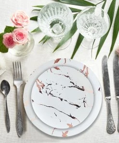 HIER_5441 Disposable Dinnerware 10 Pack | Rose Gold & White Marble 8" Plastic Appetizer Salad Plates