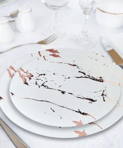 HIER_5441 Disposable Dinnerware 10 Pack | Rose Gold & White Marble 8" Plastic Appetizer Salad Plates