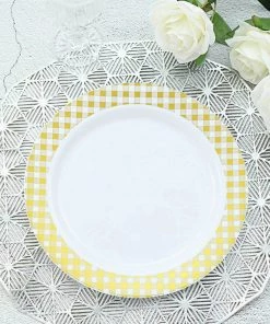 HIER_5441 10 Pack | White 10" Gold Buffalo Plaid Rim Plastic Dinner Plates, Round Checkered Rim - Clearance SALE