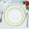 HIER_5441 10 Pack | White 10" Gold Buffalo Plaid Rim Plastic Dinner Plates, Round Checkered Rim - Clearance SALE