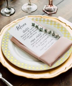 HIER_5441 Disposable Dinnerware 10 Pack | White 7.5" Gold Buffalo Plaid Rim Plastic Dessert Plates, Round Appetizer Salad Plates W/Checkered Rim - Clearance SALE