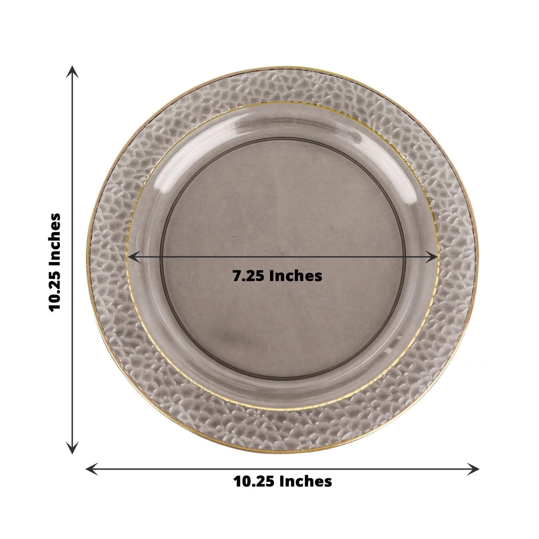 HIER_5441 Disposable Dinnerware 10 Pack | 10" Opaque Black & Gold Rim Plastic Dinner Plates, Round With Hammered Print Design 3 HIER_5441 Disposable Dinnerware 10 Pack | 10" Opaque Black & Gold Rim Plastic Dinner Plates, Round With Hammered Print Design