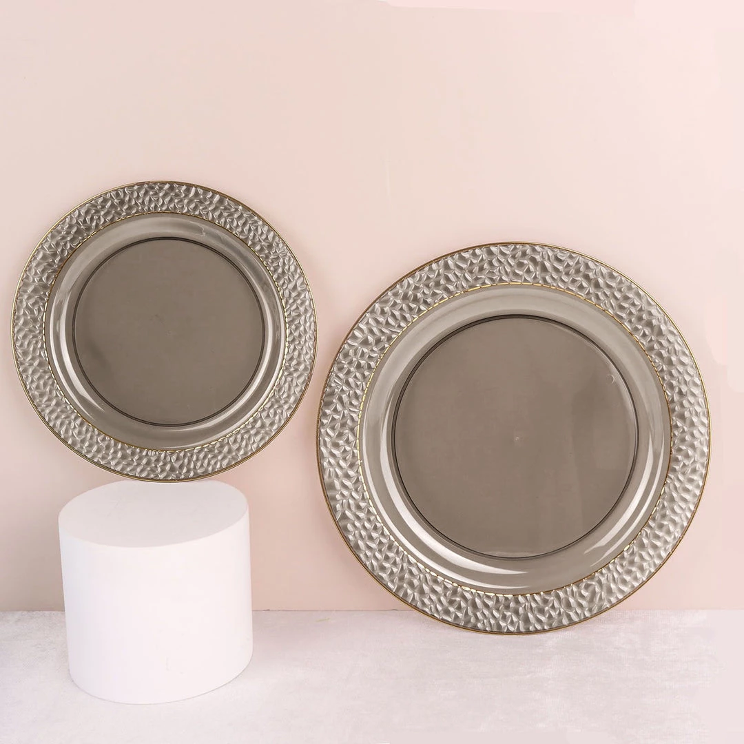 HIER_5441 Disposable Dinnerware 10 Pack | 10" Opaque Black & Gold Rim Plastic Dinner Plates, Round With Hammered Print Design 5 HIER_5441 Disposable Dinnerware 10 Pack | 10" Opaque Black & Gold Rim Plastic Dinner Plates, Round With Hammered Print Design