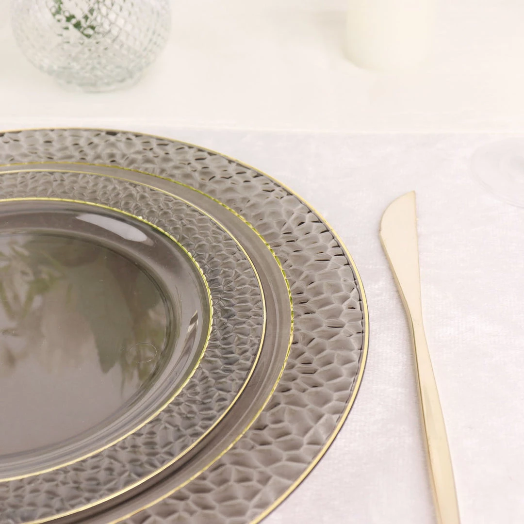 HIER_5441 Disposable Dinnerware 10 Pack | 10" Opaque Black & Gold Rim Plastic Dinner Plates, Round With Hammered Print Design 11 HIER_5441 Disposable Dinnerware 10 Pack | 10" Opaque Black & Gold Rim Plastic Dinner Plates, Round With Hammered Print Design