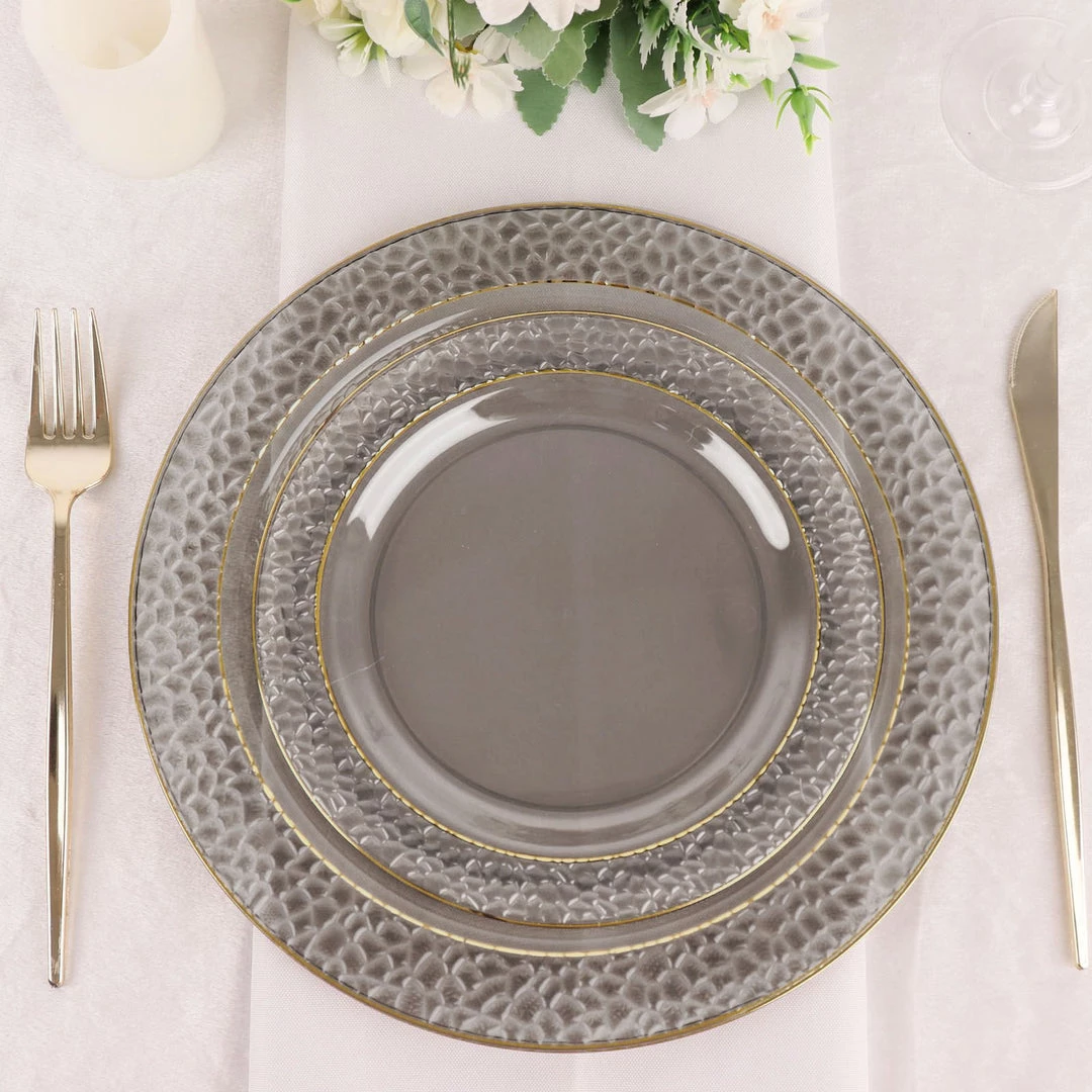 HIER_5441 Disposable Dinnerware 10 Pack | 10" Opaque Black & Gold Rim Plastic Dinner Plates, Round With Hammered Print Design 13 HIER_5441 Disposable Dinnerware 10 Pack | 10" Opaque Black & Gold Rim Plastic Dinner Plates, Round With Hammered Print Design