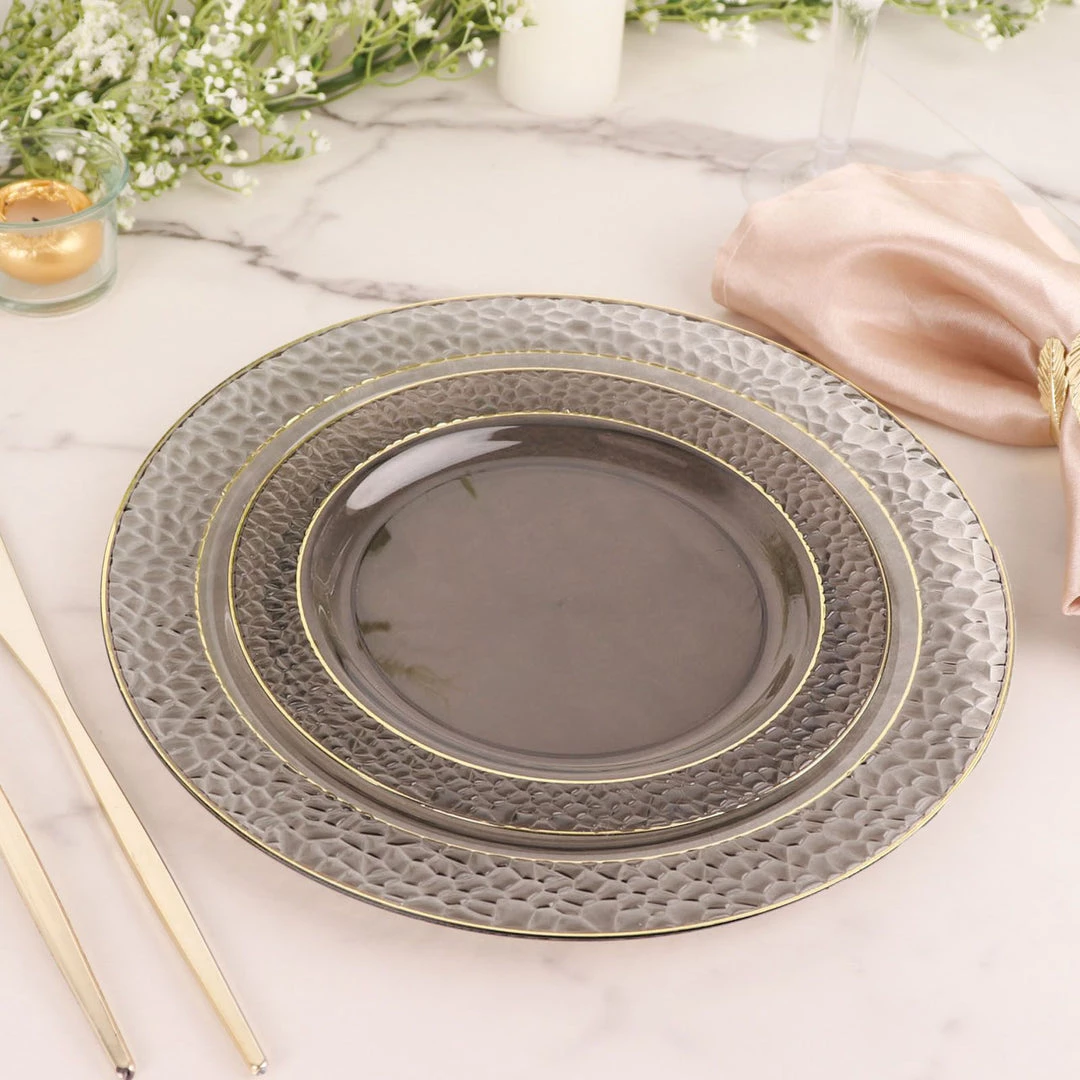 HIER_5441 Disposable Dinnerware 10 Pack | 10" Opaque Black & Gold Rim Plastic Dinner Plates, Round With Hammered Print Design 14 HIER_5441 Disposable Dinnerware 10 Pack | 10" Opaque Black & Gold Rim Plastic Dinner Plates, Round With Hammered Print Design