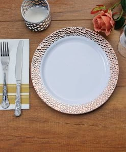 HIER_5441 10 Pack | White 10" Rose Gold Hammered Rim Round Plastic Dinner Plates Disposable Dinnerware