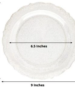 HIER_5441 12 Pack | Glittered 9" Premium Plastic Dinner Plates, Disposable Round Plates With Scalloped Edges & Floral Design Rim Disposable Dinnerware 15 HIER_5441 12 Pack | Glittered 9
