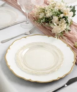 HIER_5441 12 Pack | Glittered 9" Premium Plastic Dinner Plates, Disposable Round Plates With Scalloped Edges & Floral Design Rim Disposable Dinnerware