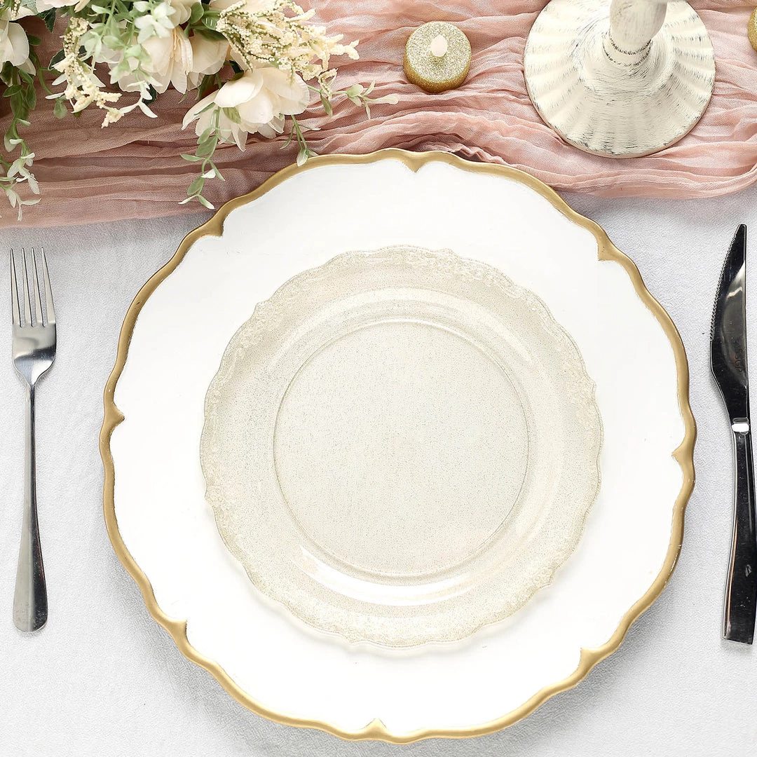 HIER_5441 12 Pack | Glittered 9" Premium Plastic Dinner Plates, Disposable Round Plates With Scalloped Edges & Floral Design Rim Disposable Dinnerware 6 HIER_5441 12 Pack | Glittered 9" Premium Plastic Dinner Plates, Disposable Round Plates With Scalloped Edges & Floral Design Rim Disposable Dinnerware