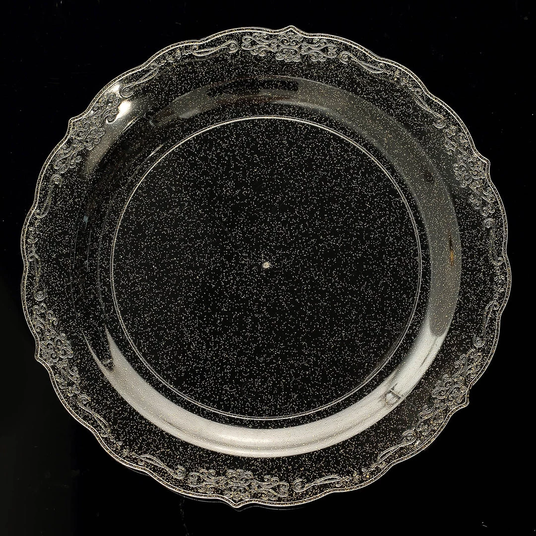 HIER_5441 12 Pack | Glittered 9" Premium Plastic Dinner Plates, Disposable Round Plates With Scalloped Edges & Floral Design Rim Disposable Dinnerware 9 HIER_5441 12 Pack | Glittered 9" Premium Plastic Dinner Plates, Disposable Round Plates With Scalloped Edges & Floral Design Rim Disposable Dinnerware